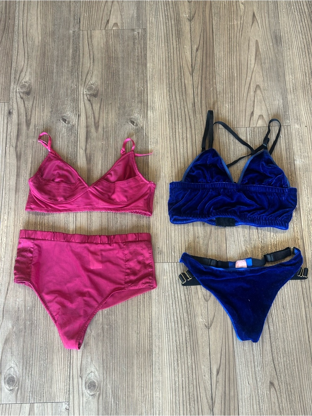 Women's Velvet and Satin Bra Rave Set in Hot Pink and Royal Blue Empress Mimi